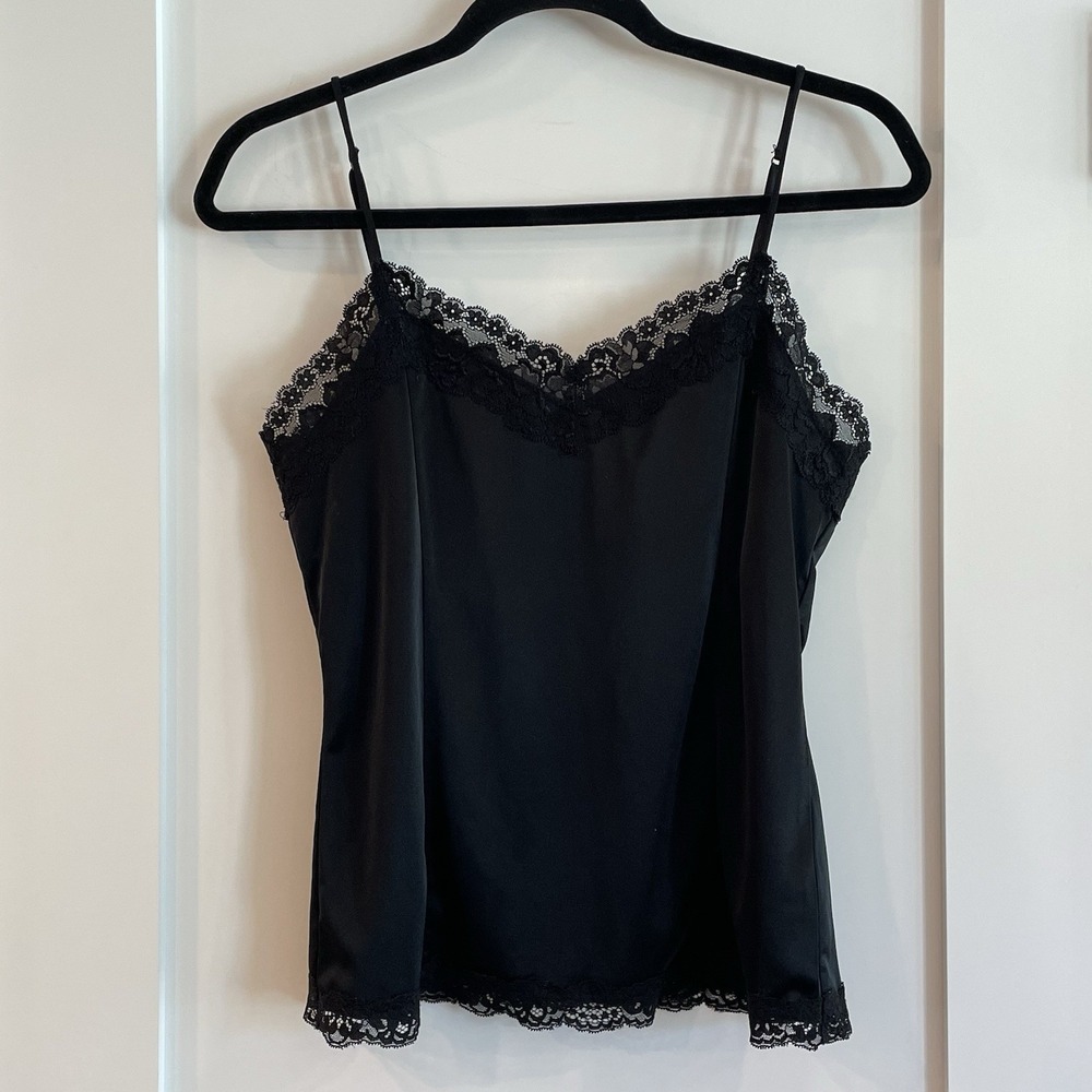 Camisole Tank Black Satin Lace M VINTAGE Y2k Babydoll Dainty Fairy Pinup Couture
